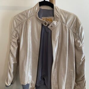 KRMA Women’s Silver Leather Jacket Cropped Ruched Size Medium